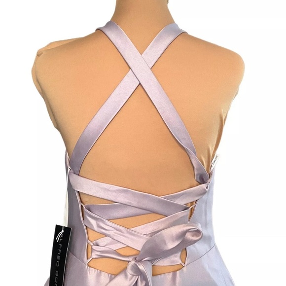 ALFRED SUNG Halter Neck Satin Dress D763 Moondance Crisscross Gown Sz 8 NWT 220 - Picture 6 of 13